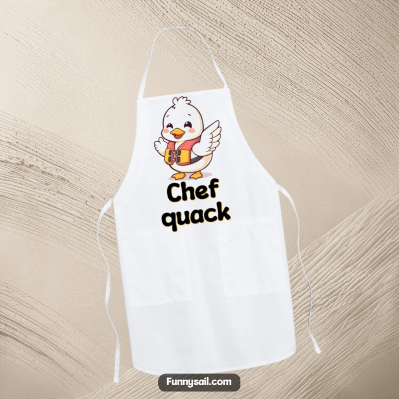 Funny Duck Safety Apron: A cheerful duck in a life vest waves, ready to protect the wearer during messy kitchen activities, humorously.