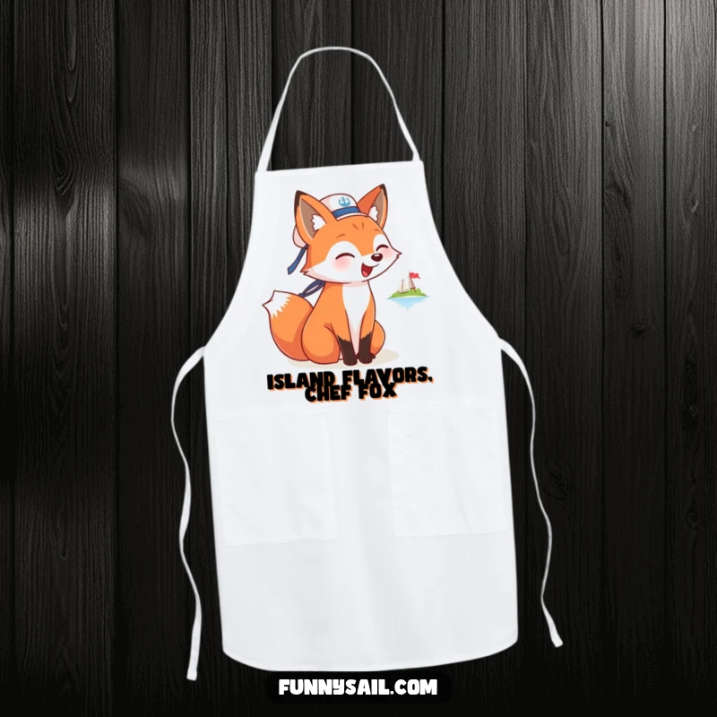 Funny apron featuring a fox sailor barking at an island, designed for kitchen adventures and nautical-themed cooking.
