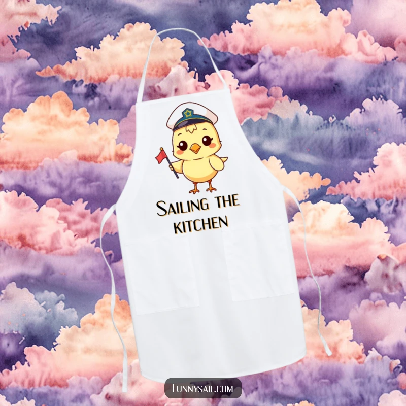 Funny apron showcasing a cheerful bird in a sailor hat, holding a small flag, ready to assist in the kitchen.