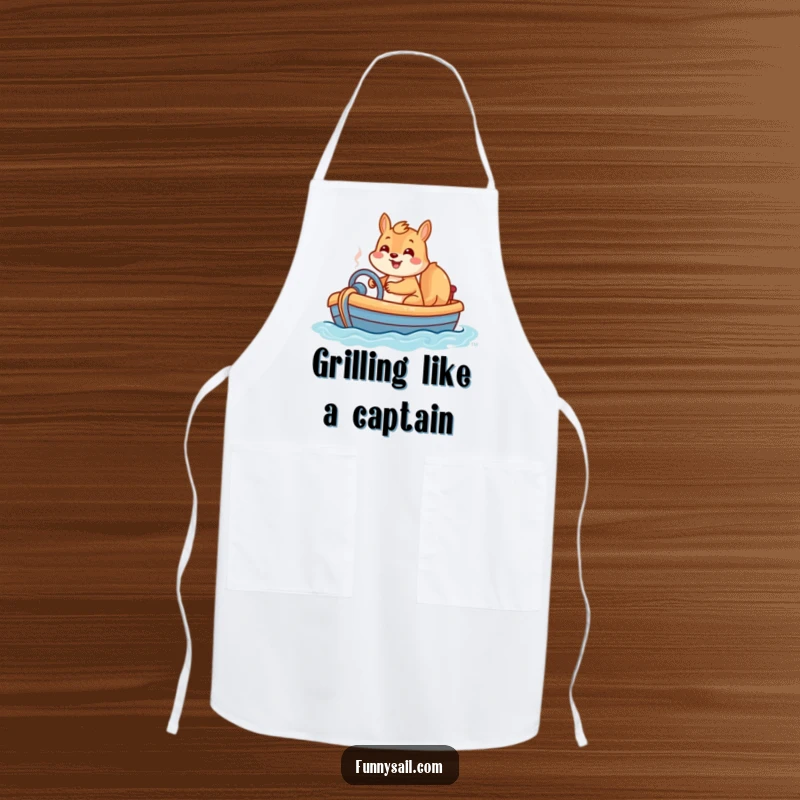 Funny apron showcasing a happy squirrel steering a toy boat with a grin, ready for kitchen adventures.
