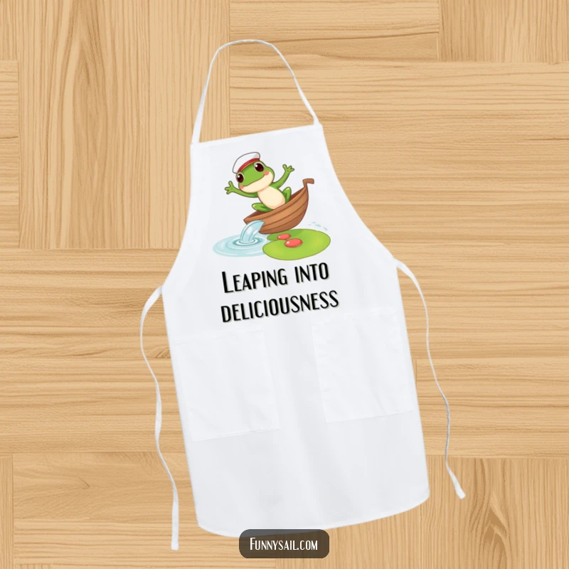 Funny apron showcasing a frog sailor leaping from a boat to a lily pad, designed for kitchen fun and aquatic flair.