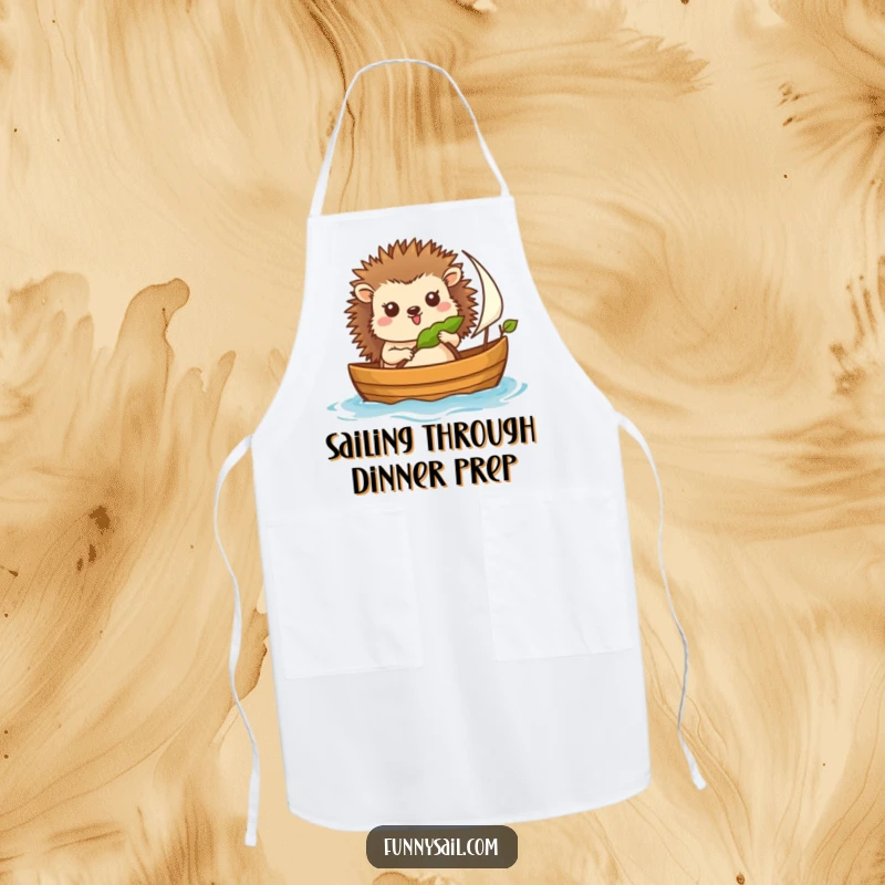 Funny apron featuring a cheerful hedgehog sailor steering a boat, designed for kitchen adventures and culinary fun.