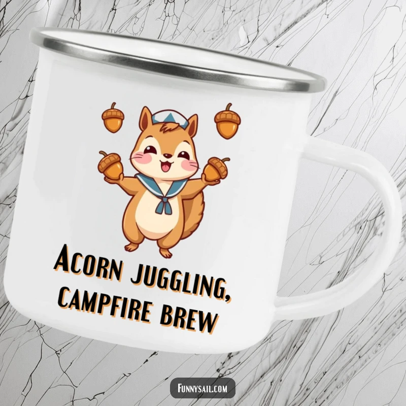 Funny camping mug with a squirrel sailor juggling acorns, perfect for outdoor adventures and morning brews.