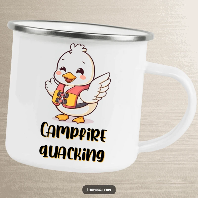 Funny Duck Safety Camping Mug: Cheerful duck in a life vest waves, perfect for outdoor brews and humorous adventures.