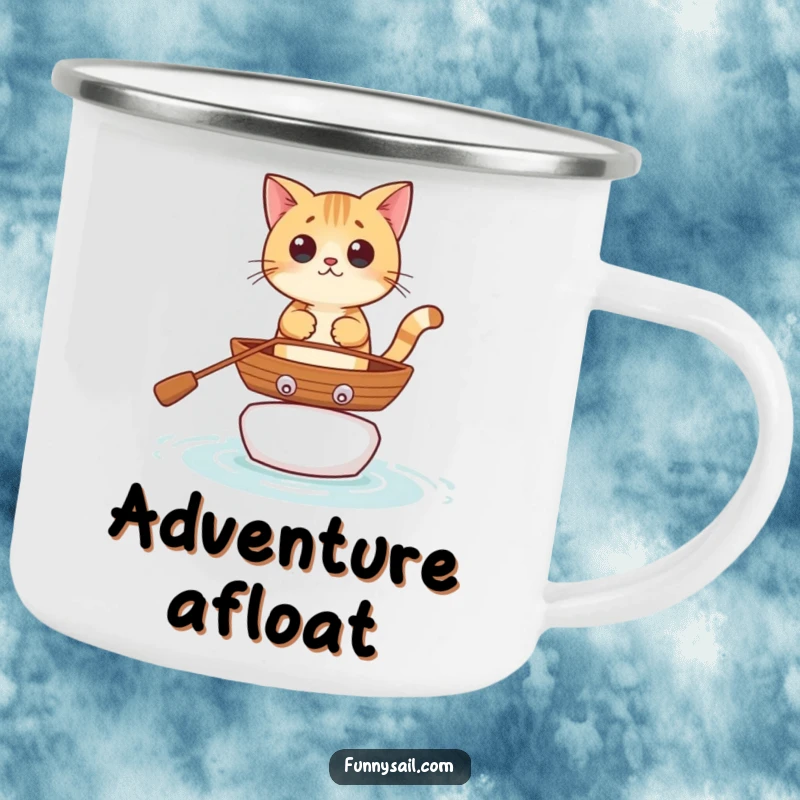 Funny curious cat character in a rowboat on a durable enamel camping mug, ideal for outdoor humor.