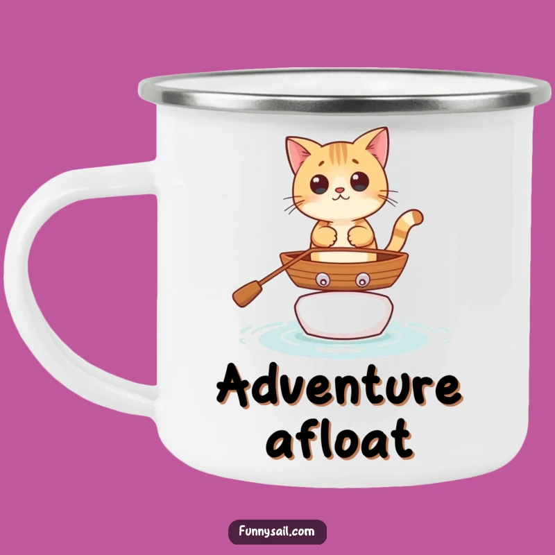 Funny Cat Rowboat Enamel Camping Mug: Adventure Humor Outdoors
