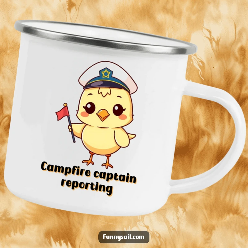 Funny camping mug with a happy bird in a sailor hat holding a small flag, ready for any outdoor journey.