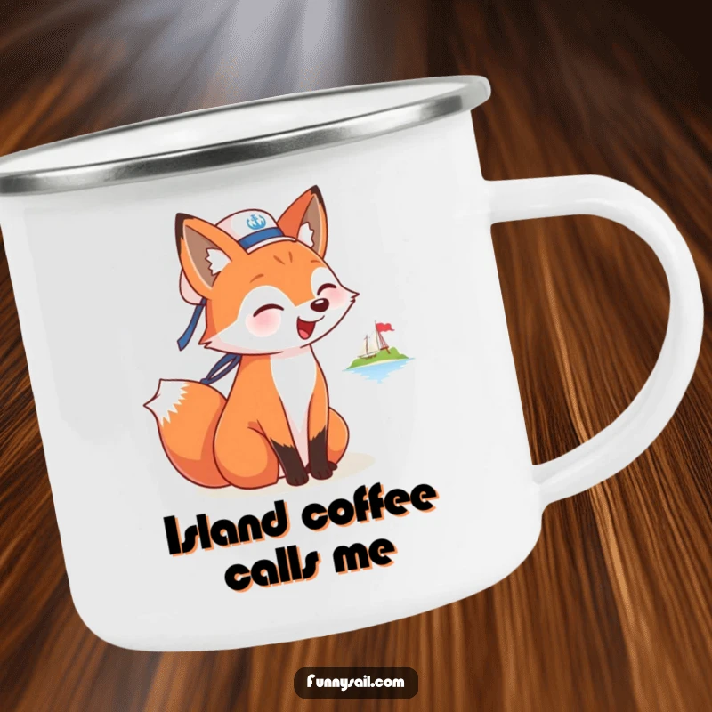 Funny camping mug with a fox sailor barking at a distant island, ready for campfire stories and rugged adventures.