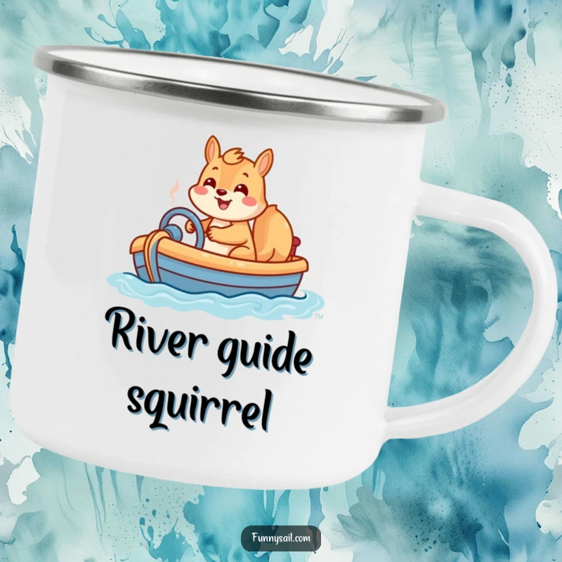 Funny camping mug with a happy squirrel steering a toy boat with a big grin, ready for any outdoor journey.