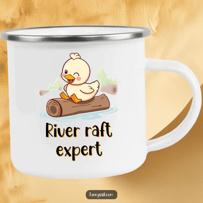 Funny camping mug with a happy duck smiling while riding on a floating log, ready for any journey.