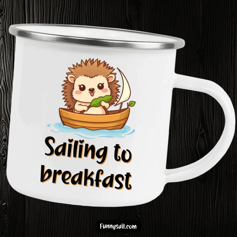 Funny camping mug featuring a happy hedgehog sailor steering a boat, ready for campfire stories and morning coffee.