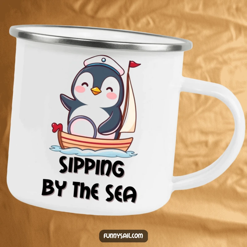 Funny penguin camp sailor mug with a happy bird in a hat steering a tiny boat, great for outdoor brews.