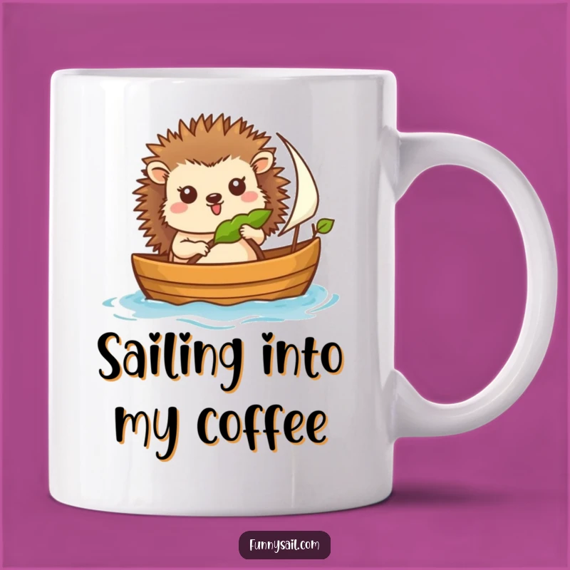 Funny Hedgehog Sailor Mug: Cheerful Navigator Steers Leaf Sailboat, Perfect Gift