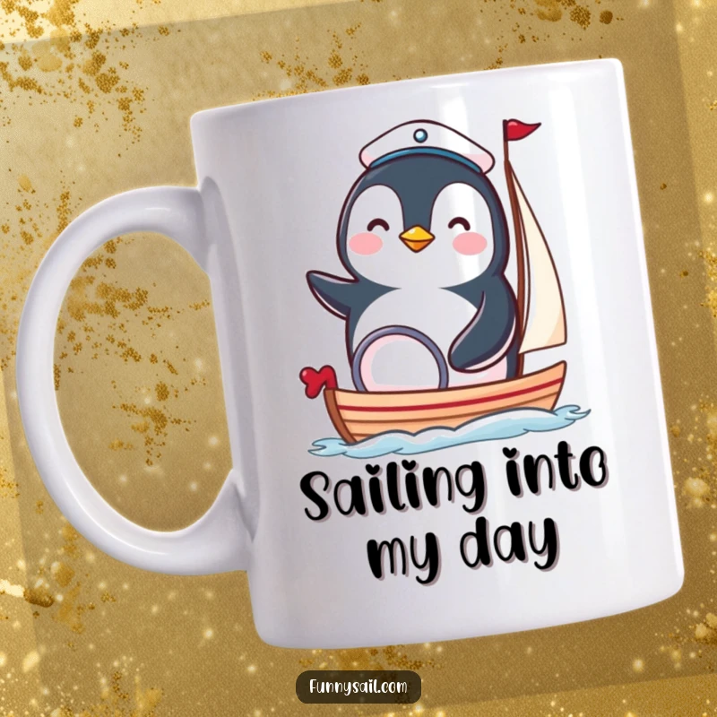 Funny penguin sailor mug featuring a happy bird in a tiny hat steering a miniature sailboat, embodying nautical joy.