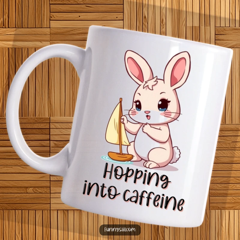 Funny mug showing a determined rabbit carefully adjusting a tiny sail with its paw, ready for adventure.