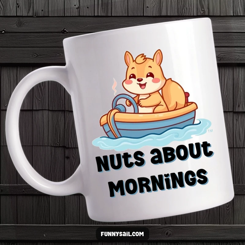 Funny mug showcasing a happy squirrel steering a toy boat with a wide, joyful grin, ready for fun.