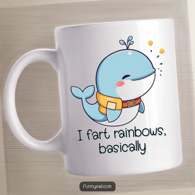 Funny whale in a life vest blowing water joyfully, cute ocean creature illustration on a ceramic mug, delightful gift.