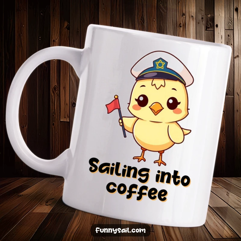 Funny mug with a smiling bird in a sailor hat, holding a small flag, ready to navigate the seas of coffee.