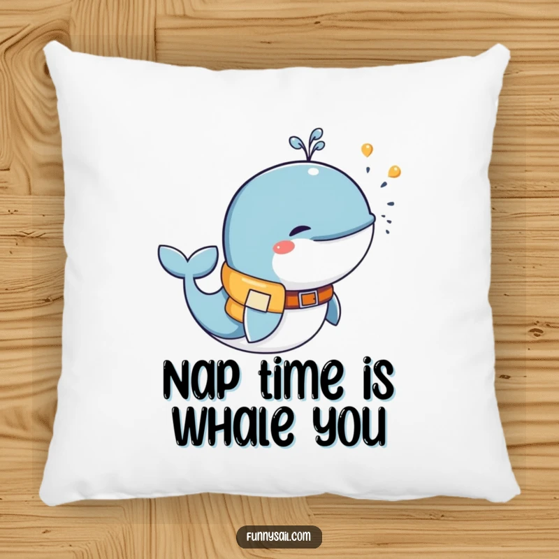 Funny whale in a life vest, playful water spurt, soft decorative pillow, cute couch cushion, humorous.