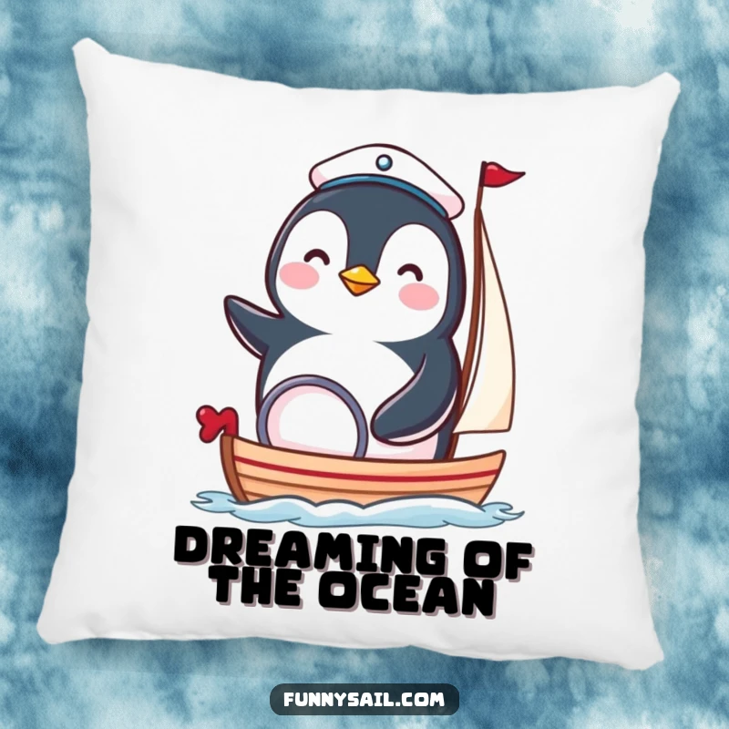 Funny penguin sailor pillow featuring a happy bird in a tiny hat steering a miniature sailboat, offering comfort and nautical flair.