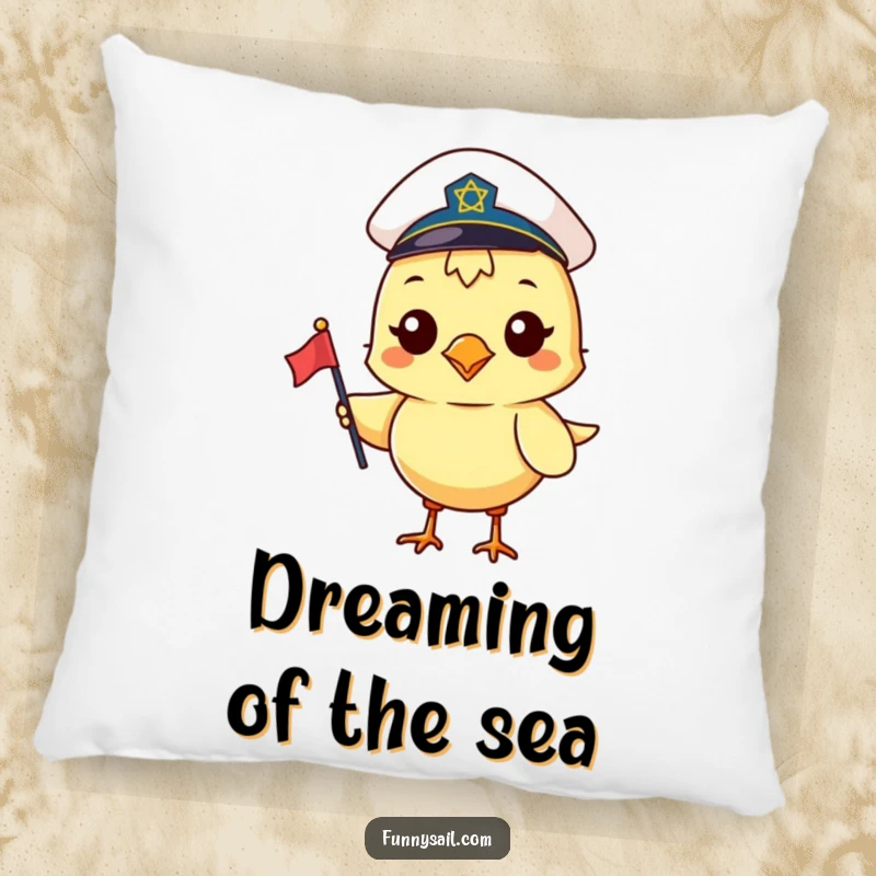 Funny pillow with a happy bird wearing a sailor hat and holding a small flag, ready to bring nautical comfort.