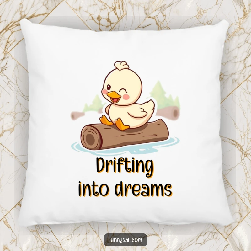 Funny pillow with a happy duck smiling while riding on a floating log, bringing water-themed comfort indoors.