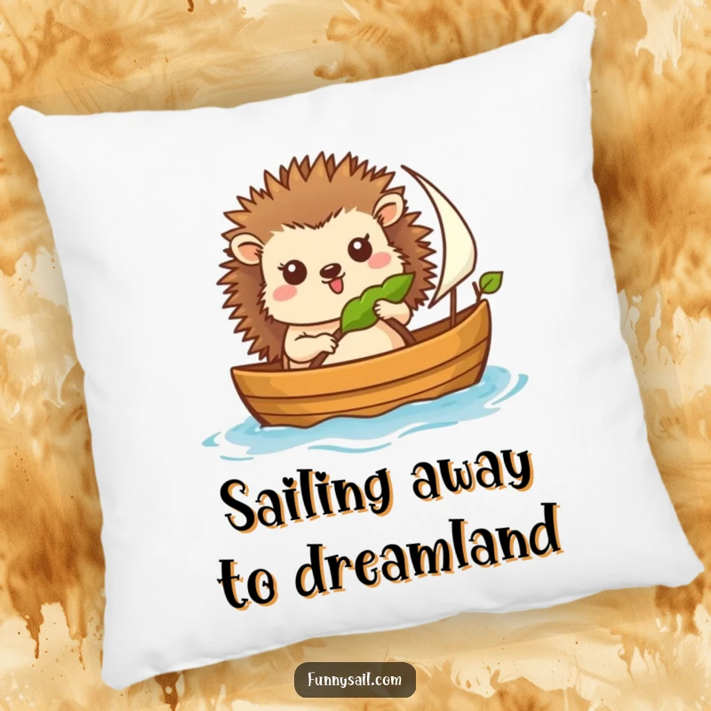 Funny pillow on a cozy couch, showing a happy hedgehog sailor navigating a small boat with a leaf sail, adding charm.