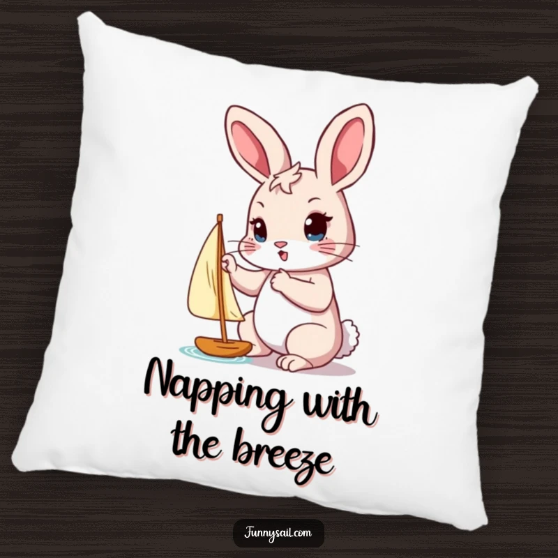 Funny pillow with a determined rabbit adjusting a tiny sail with its paw, bringing nautical focus indoors.