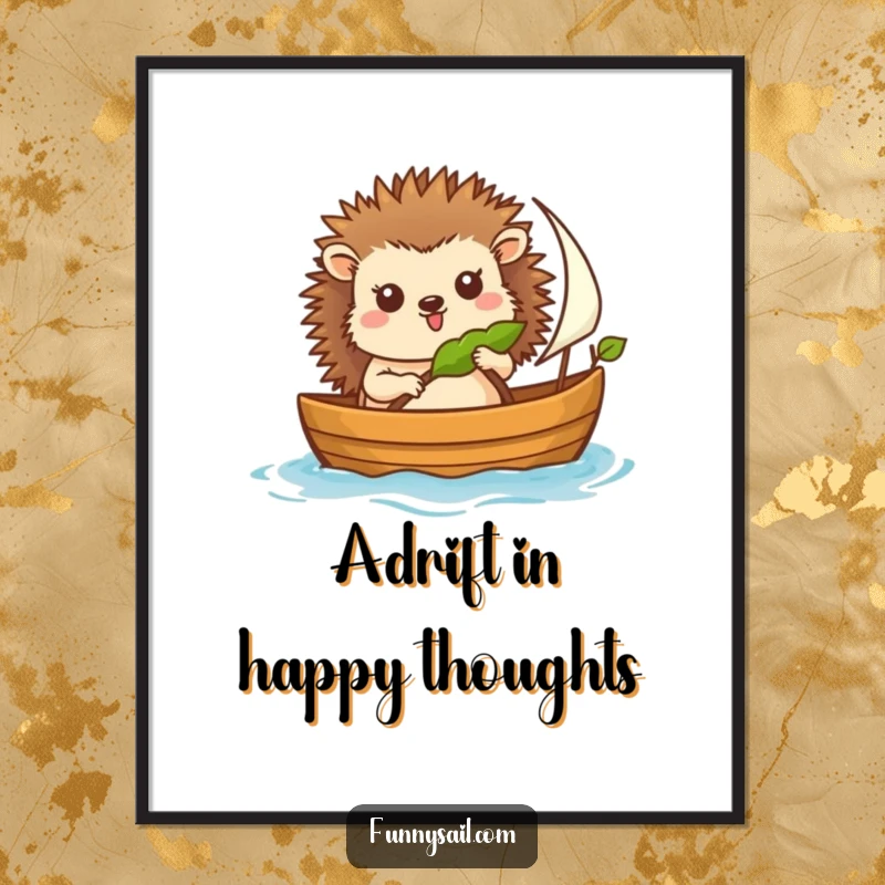 Funny digital art print of a cheerful hedgehog sailing a boat with a leaf sail, capturing a humorous and adventurous moment.