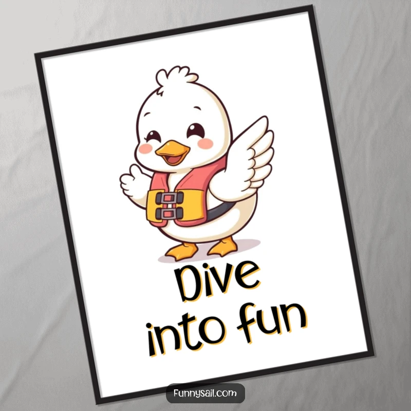 Funny Duck Safety Digital Art: Cheerful duck in a life vest waves wing, a humorous and charming illustration for instant download.