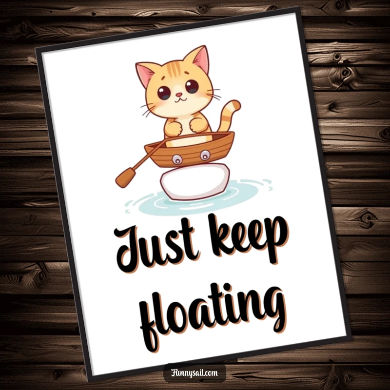 Funny curious cat character balancing on a small rowboat, available as a high-quality digital art print.