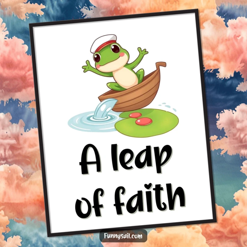 Funny digital art print of a frog sailor leaping from a boat to a lily pad, capturing a whimsical and humorous aquatic moment.