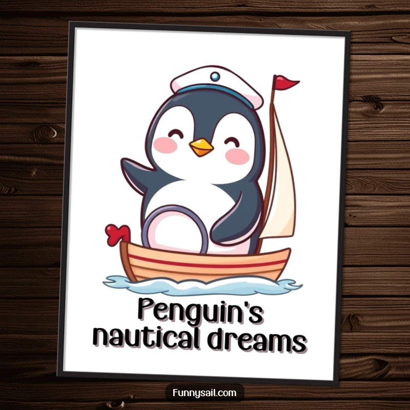 Funny penguin sailor digital art print of a happy bird in a hat steering a tiny boat, ready for display.