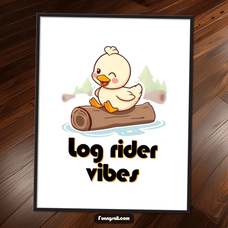 Funny digital art print of a happy duck smiling contentedly while riding on a floating log, embodying pure joy.