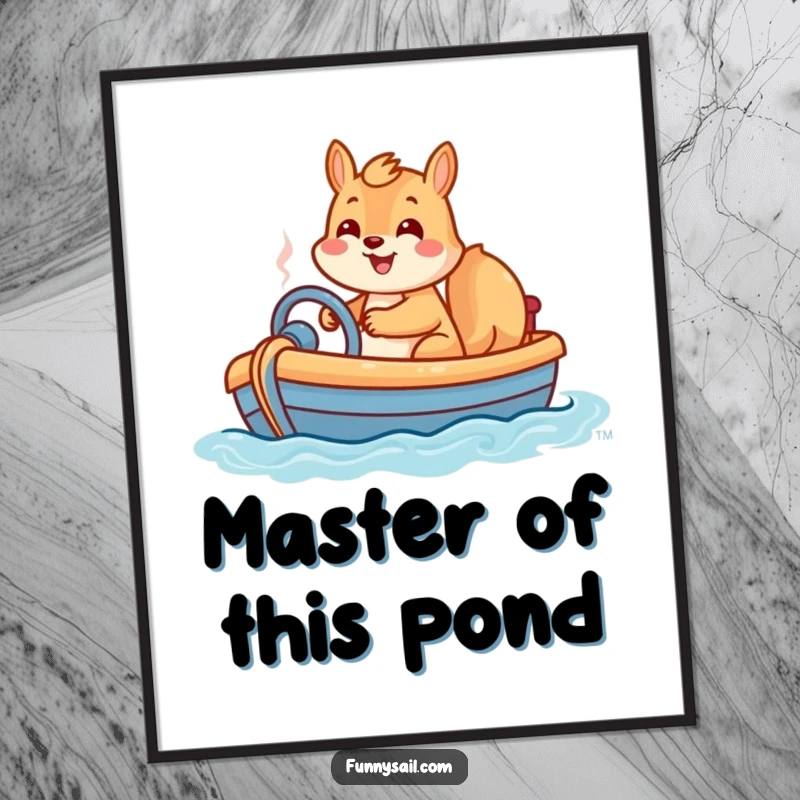 Funny digital art print of a playful squirrel steering a toy boat with a big grin, embodying adventure.