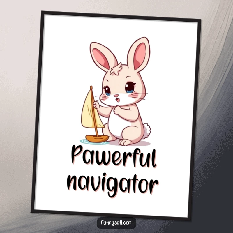 Funny digital art print of a determined rabbit adjusting a tiny sail with its paw, symbolizing focus and pursuit.