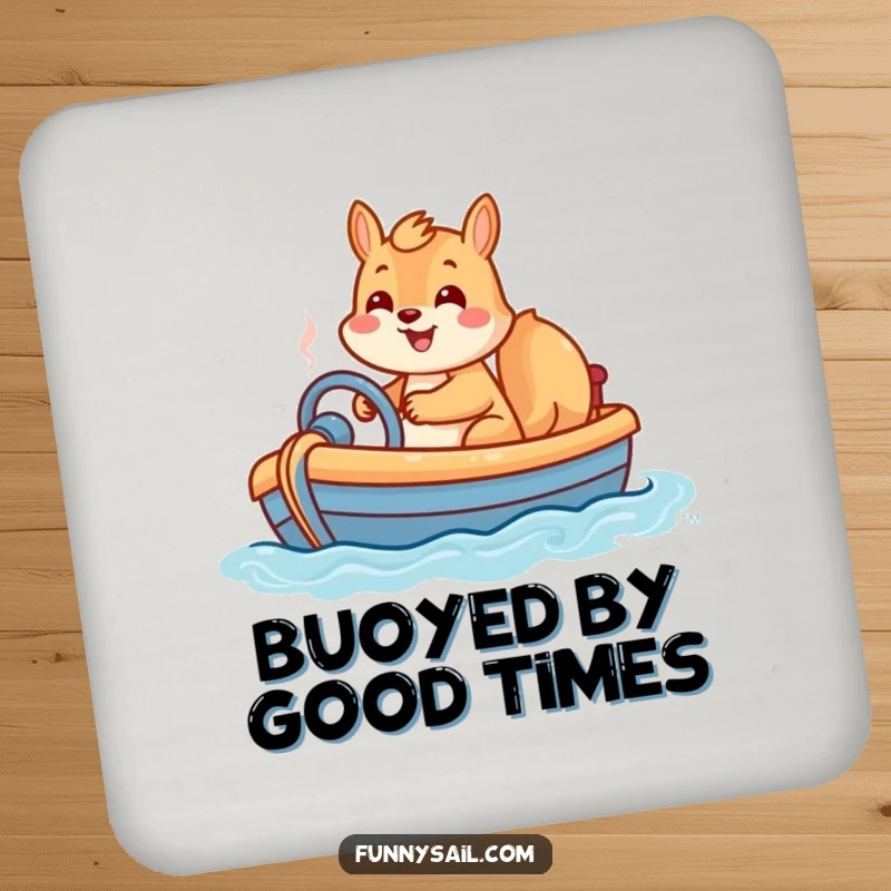 Funny coaster with a happy squirrel steering a toy boat with a grin, ready to guard your drinks.
