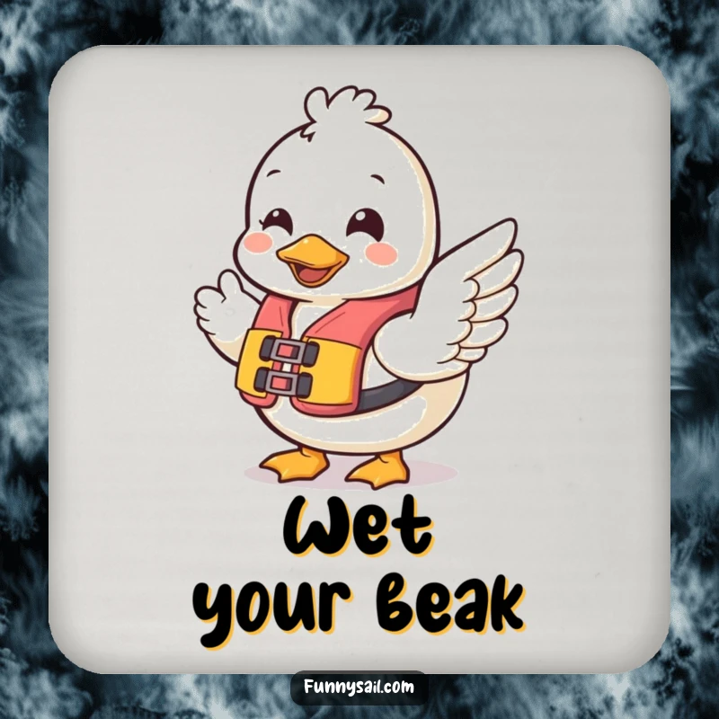 Funny Duck Safety Coaster: A cheerful duck wearing a life vest waves, offering humorous protection for surfaces.