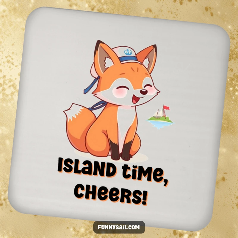 Funny drink coaster featuring a fox sailor barking at an island, adding playful nautical protection to surfaces.