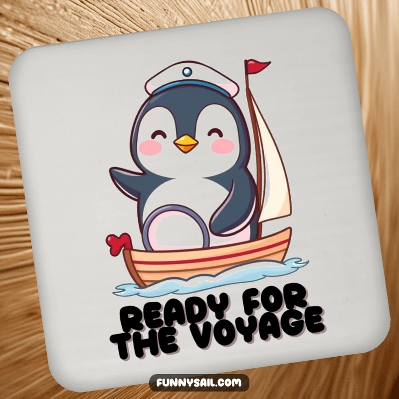 Funny penguin sailor coaster showing a happy bird in a tiny hat steering a miniature sailboat, protecting surfaces humorously.