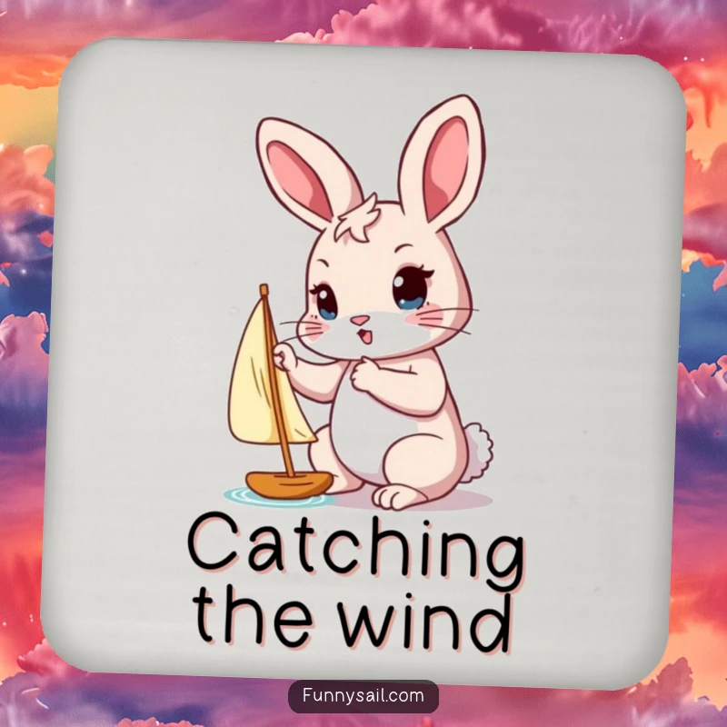 Funny coaster with a determined rabbit adjusting a tiny sail with its paw, ready to guard your drinks.