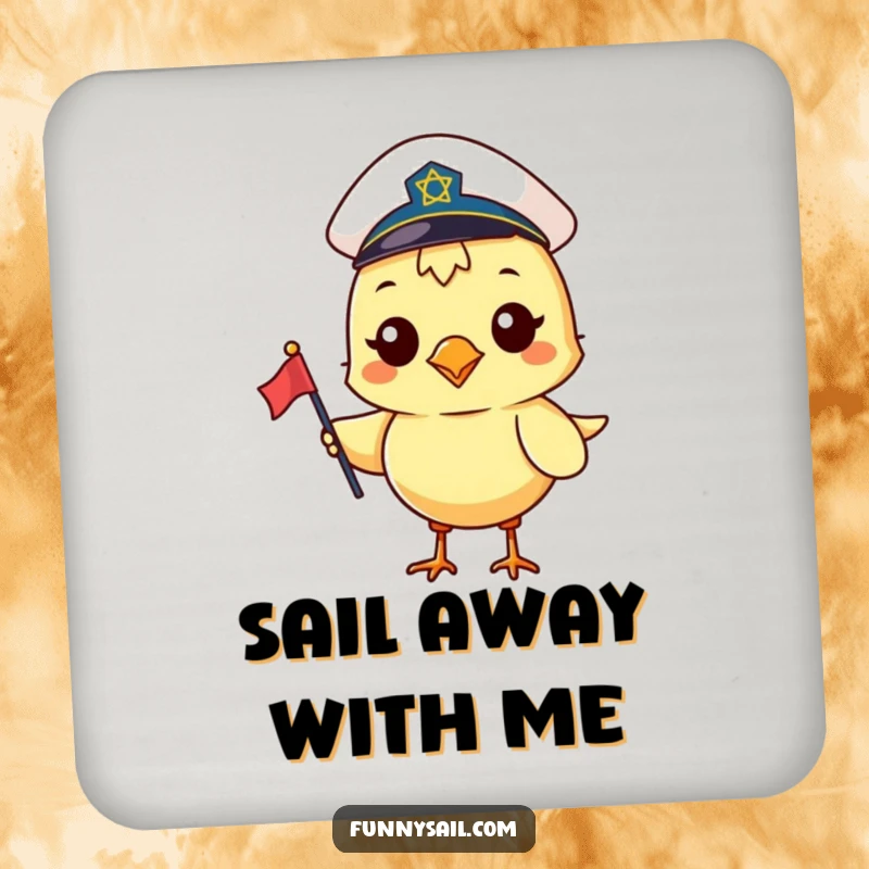 Funny coaster with a smiling bird in a sailor hat holding a small flag, ready to guard your drinks.
