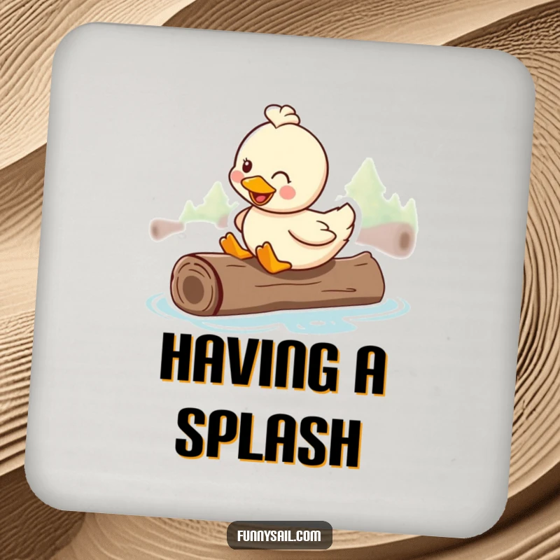 Funny coaster with a happy duck smiling while riding on a floating log, ready to guard your drinks.