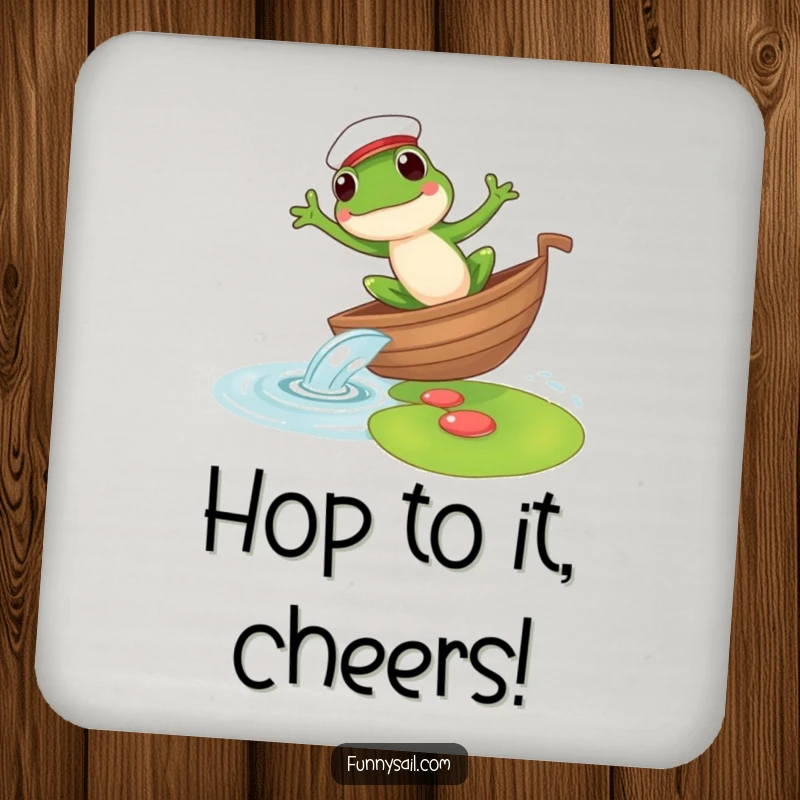 Funny drink coaster featuring a frog sailor leaping from a boat to a lily pad, adding nautical protection with amphibian charm.
