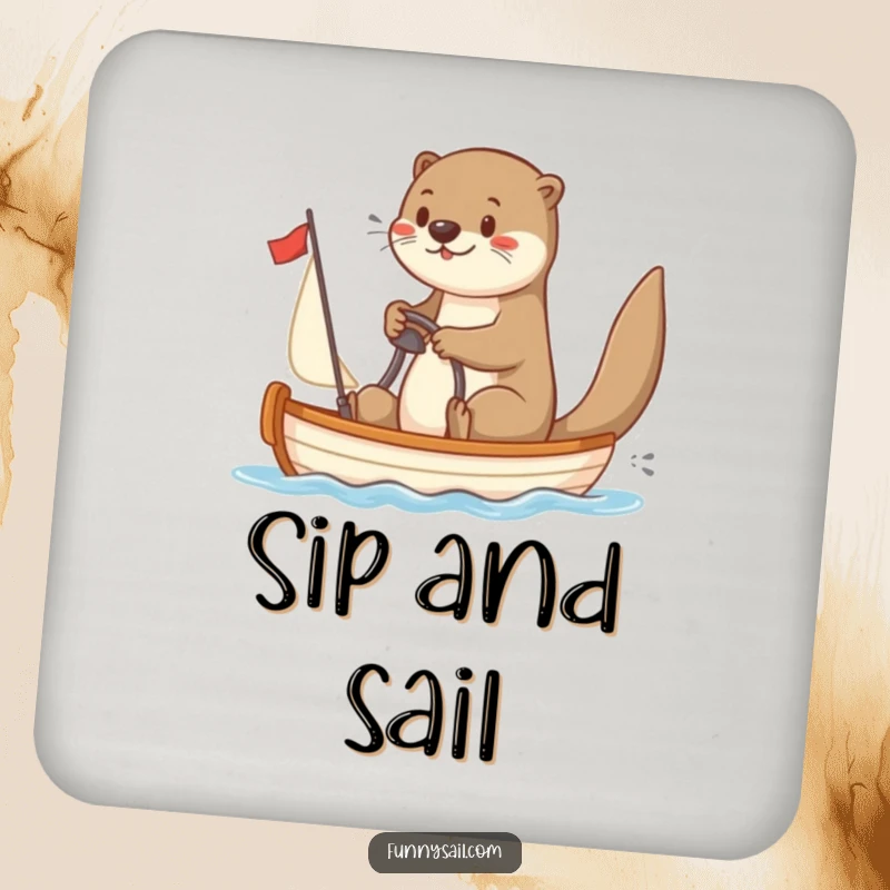 Funny Otter Sailor Coaster: A playful otter steers a tiny sailboat, a humorous and practical accessory for drink protection.