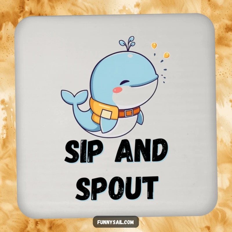 Funny whale wearing a life vest, blowing water, set of coasters, playful drinkware protection, humorous.