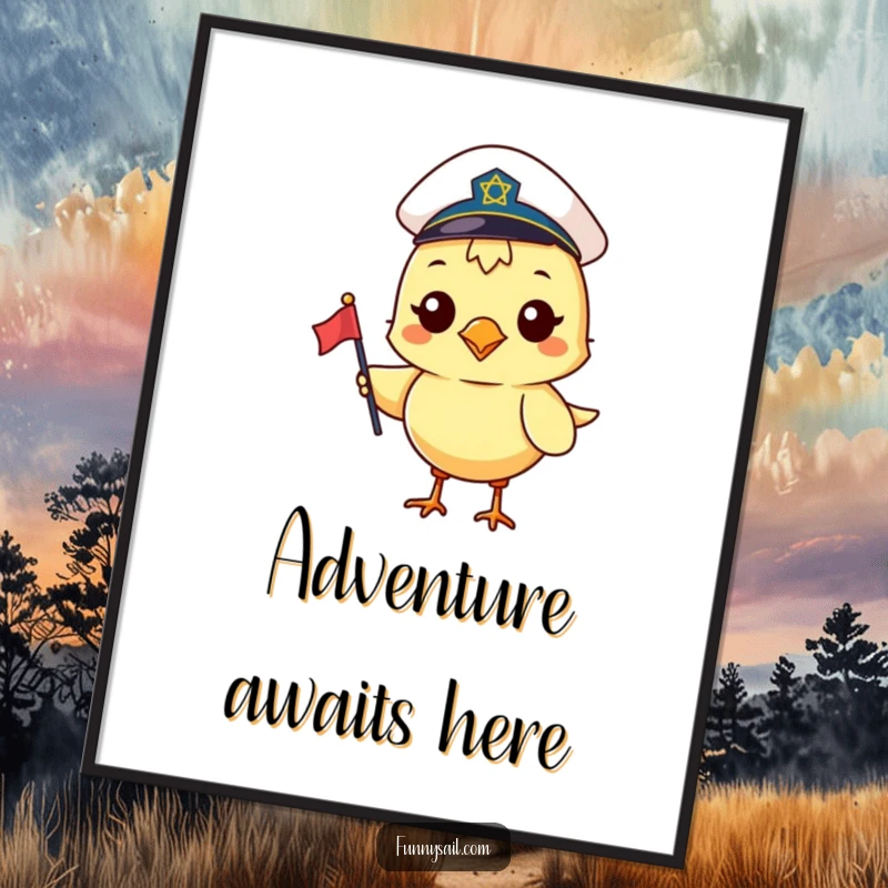 Funny poster featuring a cheerful bird in a sailor hat, holding a small flag, ready to embark on a delightful journey.