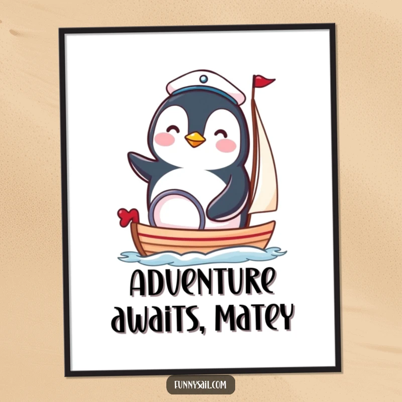 Funny penguin sailor poster showcasing a happy bird in a sailor hat steering a tiny boat, perfect for wall decor.