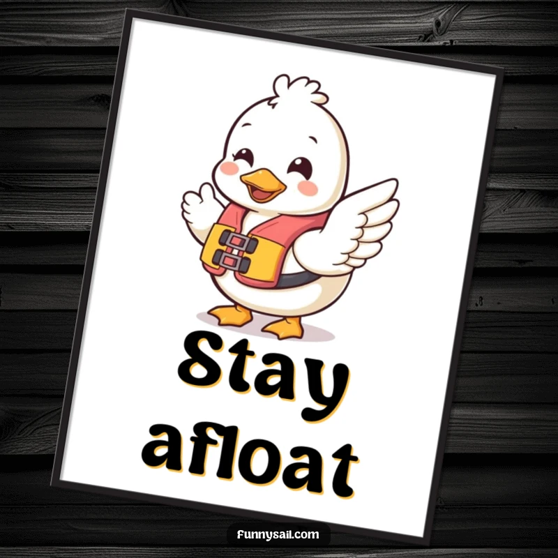 Funny Duck Safety Poster: A cheerful duck wearing a life vest waves a wing, bringing a humorous and friendly vibe to any wall.
