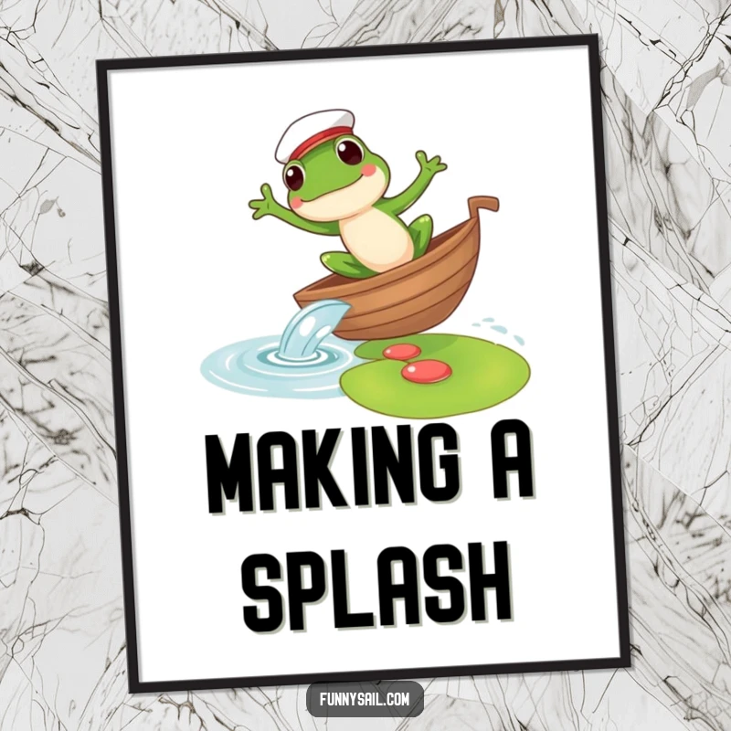 Funny poster of a frog sailor leaping from a boat onto a lily pad, capturing a moment of whimsical aquatic grace.